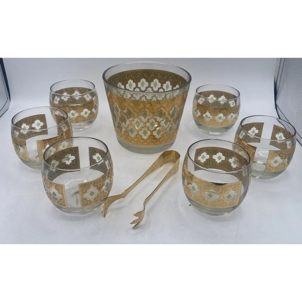 VTG Culver Green 22K Gold VALENCIA Ice bowl & Roly Poly Glasses BAR SET MCM